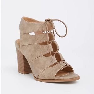 Taupe Lace-up Block Heels